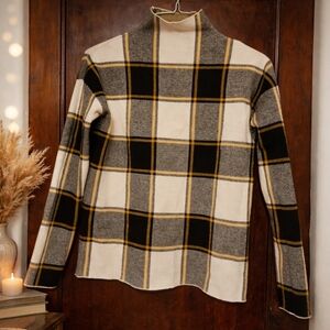 Rachel Zoe Cream, Black & Gray Plaid Turtleneck Sweater with Yellow Accents